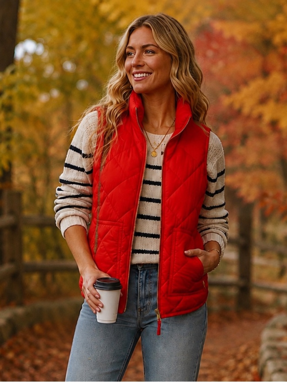 J.Crew Red Quilted Puffer Vest Women’s XS Gold Zip Lightweight Preppy Fall